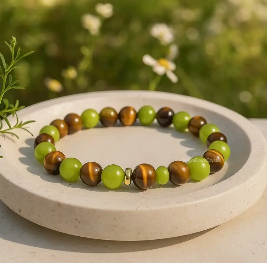 Tiger Eye & Green Jade Adjustable Bracelet, Unisex Minimalist Stackable Round Beaded Jewelry with Healing Properties for Emotional Healing & Confidence