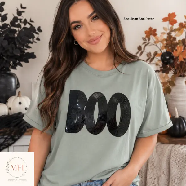 Sequin Black Boo Patch Comfort Color T-shirt,Halloween Oversized Cute Tees for Sequin Lovers
