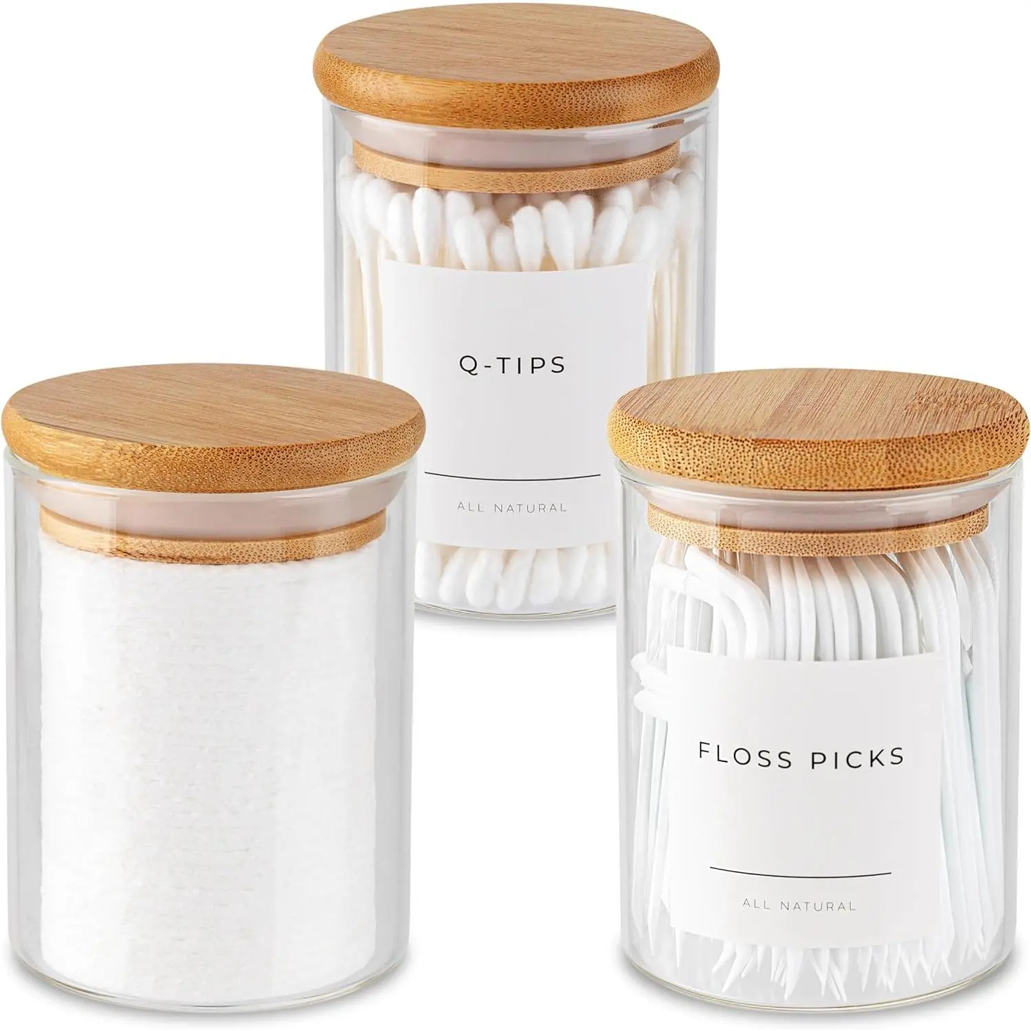 10oz Handmade Rustic Glass Apothecary Canister Set of 3 with Wood (Bamboo) Lids, Bath Use Containers & Kitchen Organizers for Cotton Balls, Pads, Swabs, Rustic Look
