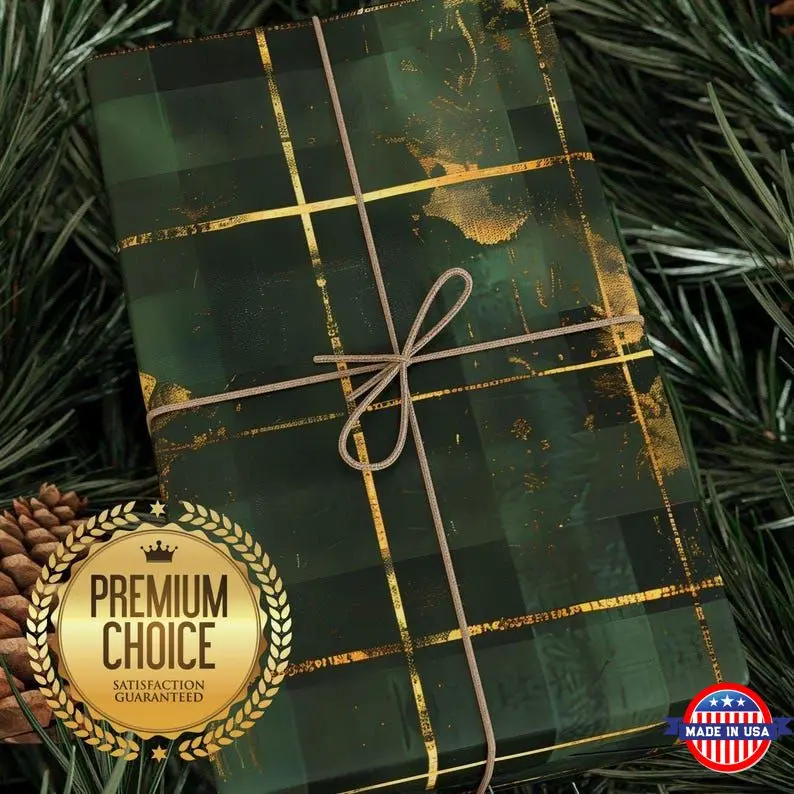 Gorgeous Gold and Green Holiday Gift Wrapping Paper, Christmas Giftwrap with Green and Gold Plaid, Elegant Green and Gold Gift Wrap