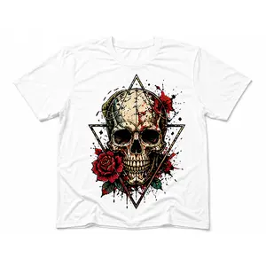 Menswear Round Neck Short-Sleeve Streetwear Top, Retro Skull Floral Gothic Graphic Casual Vintage Fashion T-Shirt