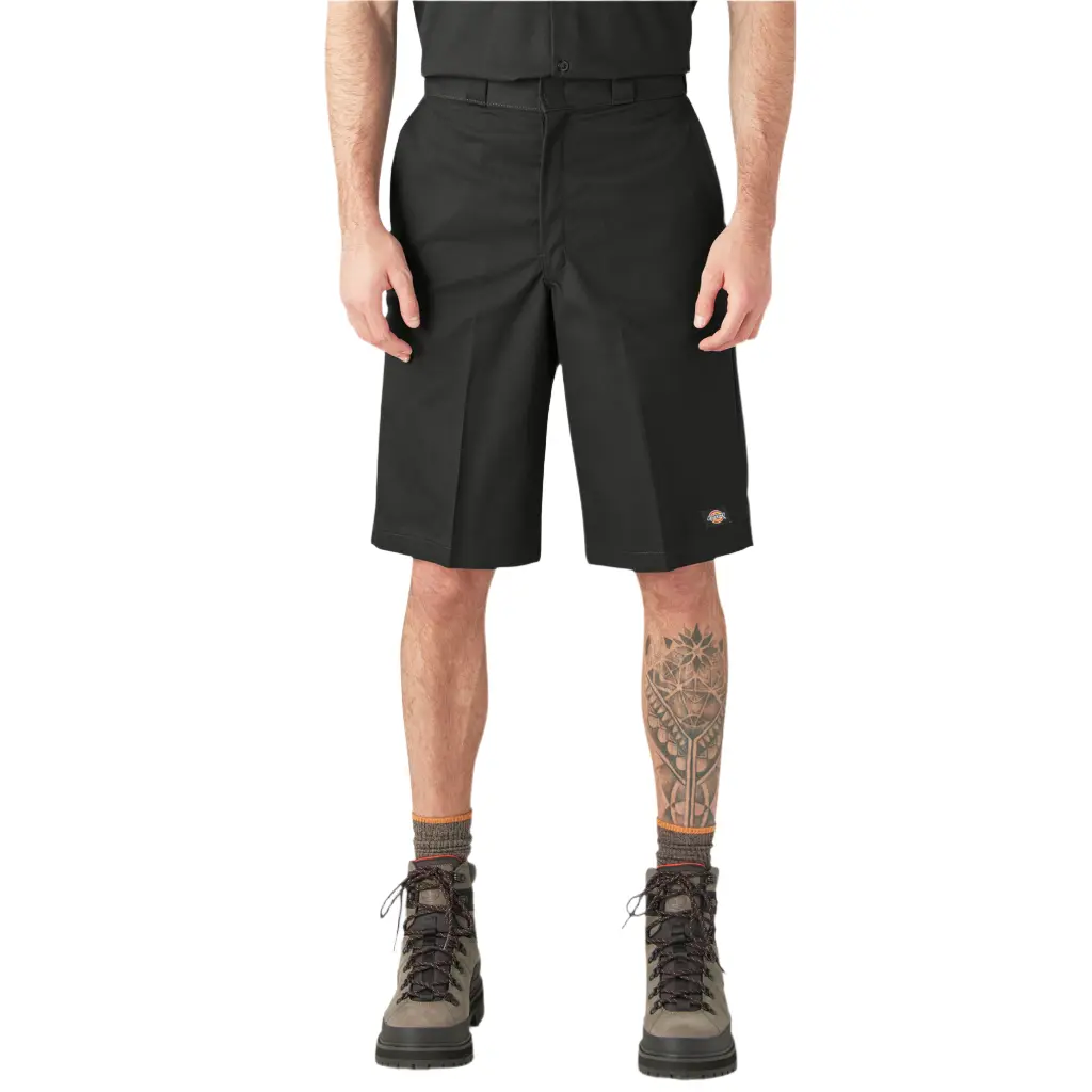 Dickies Men's Classic Loose Fit 13" Mid-Waist Belt-Style Long Work Shorts, Black Minimalist Plain Cotton-Polyester Heavyweight Wrinkle-Resistant Fabric, Hook-and-Bar Closure, Belt Loops, Pocketed Design, Style D42283BLK, Belt-Style Men's Shorts