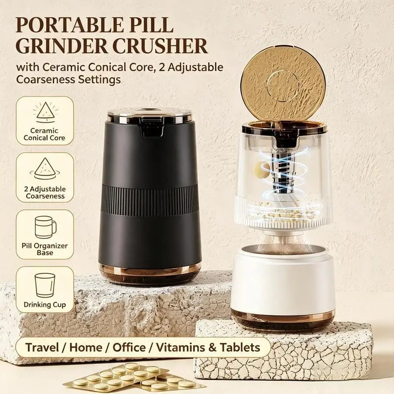 Portable Pill Grinder Crusher with Ceramic Conical Core, 2 Adjustable Coarseness Pill Pulverizer, 3-in-1 Medicine Grinder with Pill Organizer & Drinking Cup, Food Grade Pill Mill for Travel, Vitamins & Tablets