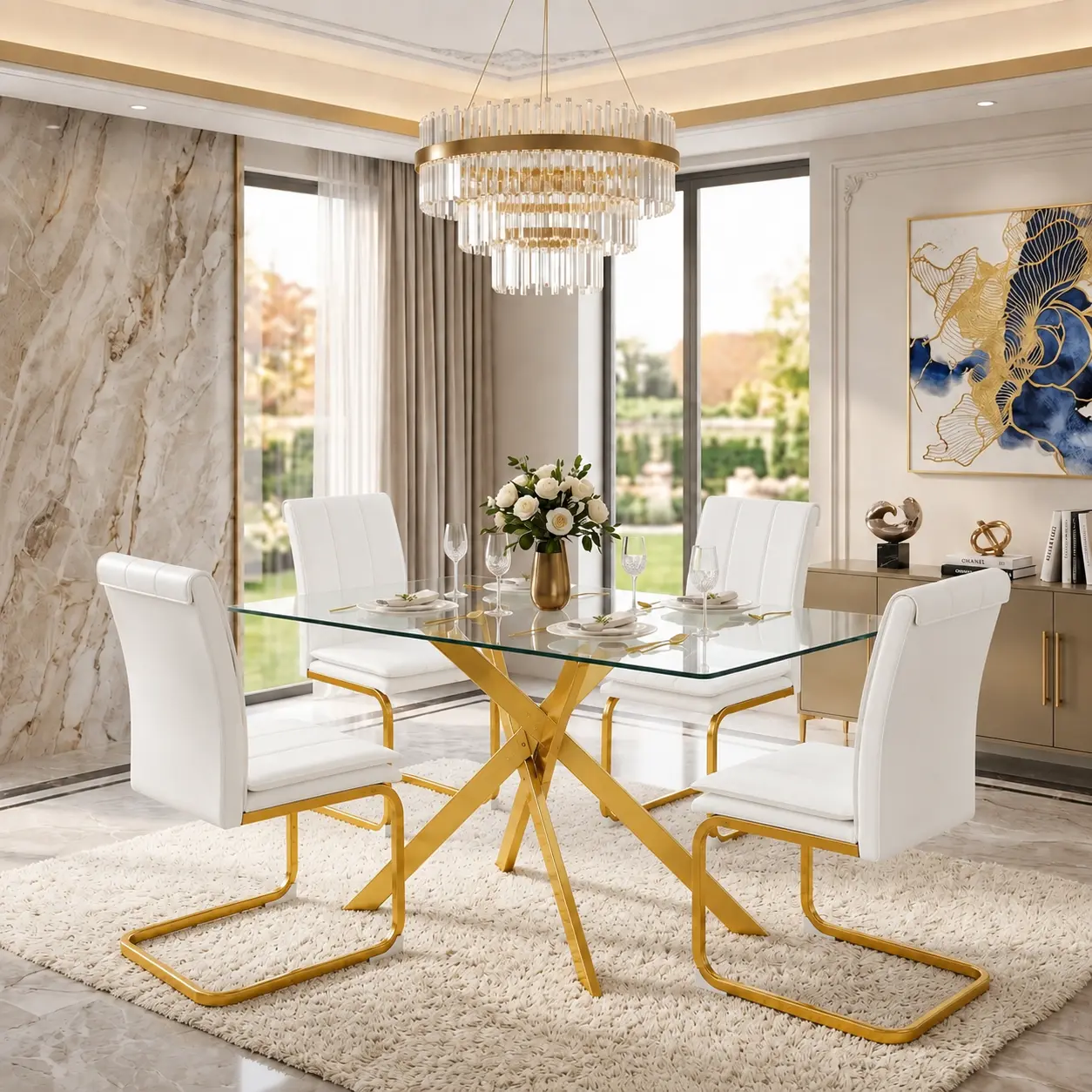 Contemporary 51.18 in Rectangle Tempered Glass Dining Table (Only Table) - Modern 4-6 Seater, Transparent Scratch-Resist Top, Golden Metal Legs, Adjustable Anti-Slip Mats, 180 lbs Capacity, Assembly Required Indoor Furniture for Dining Room