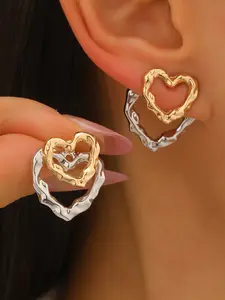 Women's Elegant Geometric Alloy Earrings, Gold & Silver Color Heart Design, All-Season Commuter Accessories, No Choking Hazard