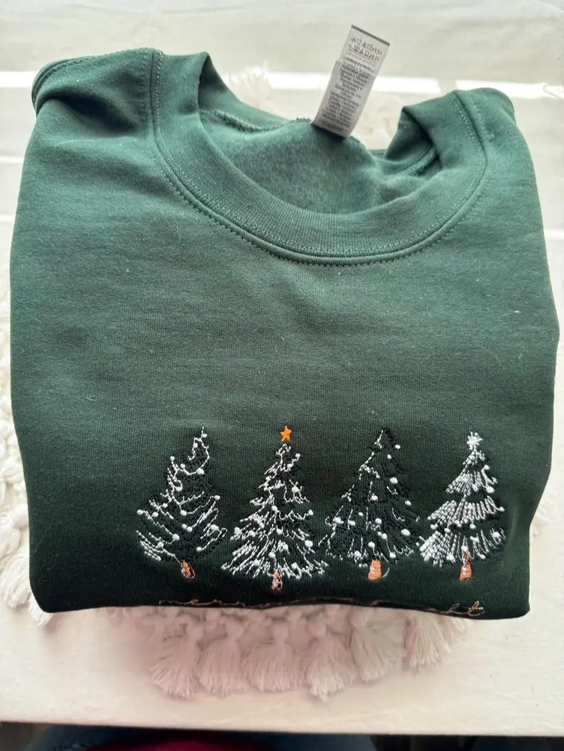 Merry & Bright Christmas Tree Embroidered Crewneck Sweatshirt - 4 Christmas Trees