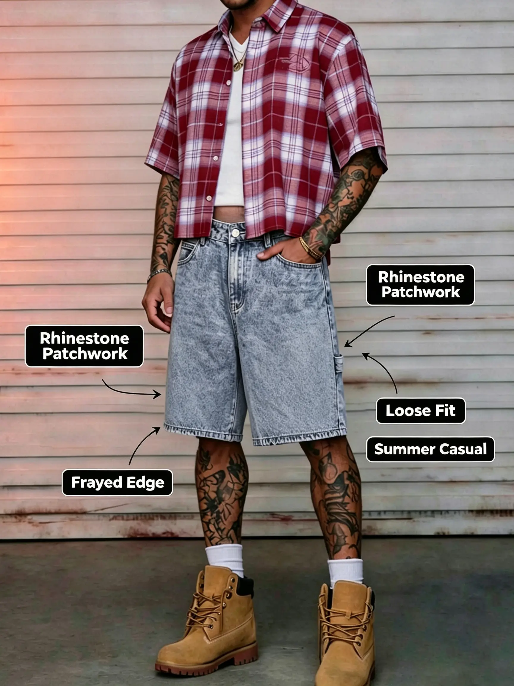 Trendy Cool Men’s Denim Shorts with Hot Rhinestones, Hemmed Edges, Patchwork Design, Washed Vintage Workwear Style — Loose Fit, Mid-Length, Summer Hip-Hop Streetwear