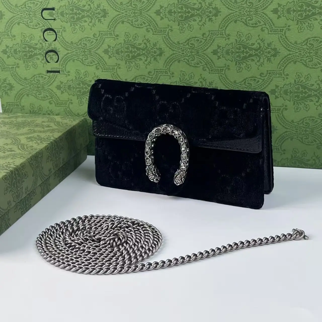 Pre-owned GUCCI Dionysus WOC Black Velvet GG Embossed Chain Wallet Crossbody Bag