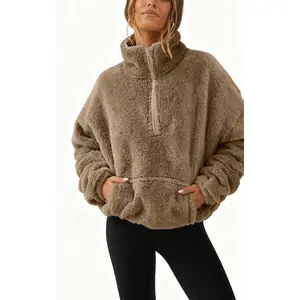 2025 Autumn Winter New European American Style Furry Fleece Lined Women's Half Zip Stand Collar Sweatshirt Long Sleeve Pullover with Drawstring Hem