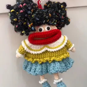 Handmade Knitted Hanging Ornament, Cute Monster Doll Keychain, Blue Dress with Frills, Perfect for Car Decoration