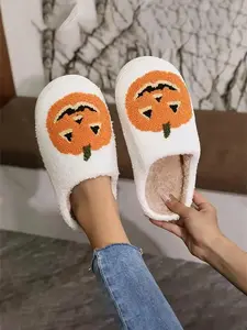 Women's Halloween Pumpkin Slippers for Fall & Winter, Cute Cartoon Pattern, Textile Upper, Rubber Sole, Thick Bottom, Home Wear