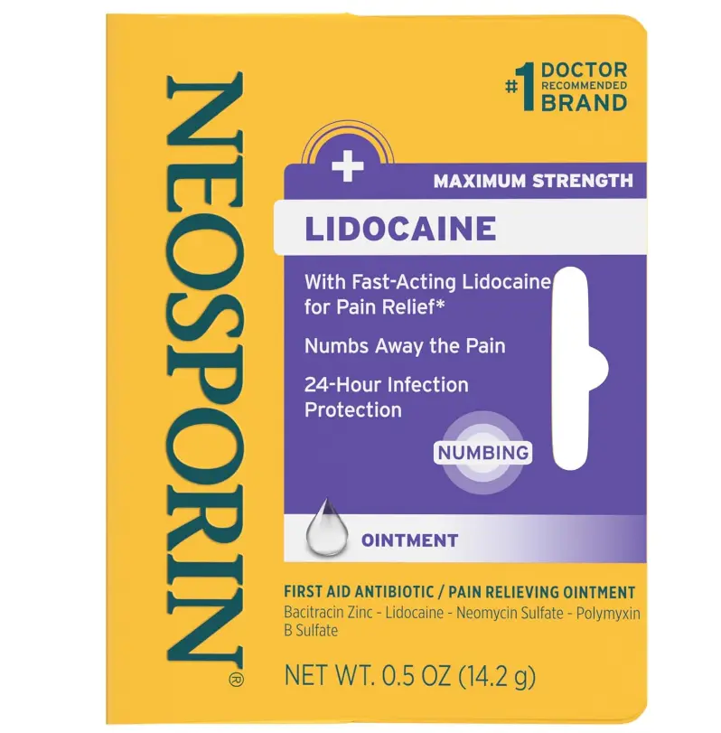 Neosporin + Lidocaine First Aid Triple Ointment, Fast-Acting, Maximum Strength Topical Pain Relief, 24-Hour Infection Protection That Numbs Away The Pain for Minor Wound Care, 0.5 oz