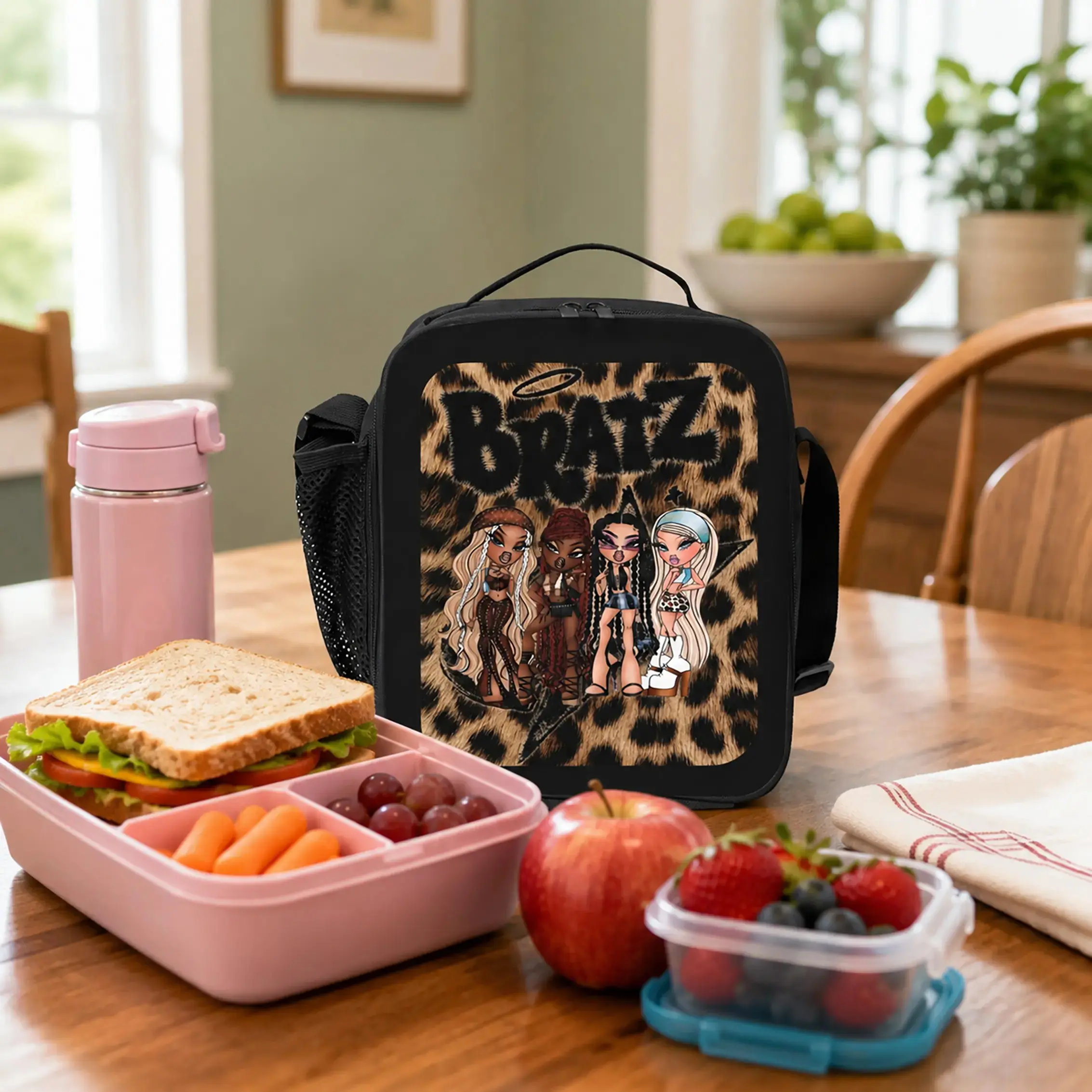 Girls' Bratz 3-Piece Leopard Print Backpack Set - Durable Polyester Bookbag, Lunch Bag, Pencil Case, Lightweight Large-Capacity Daily Travel Daypack, Back-to-School Supplies with Graphic Art