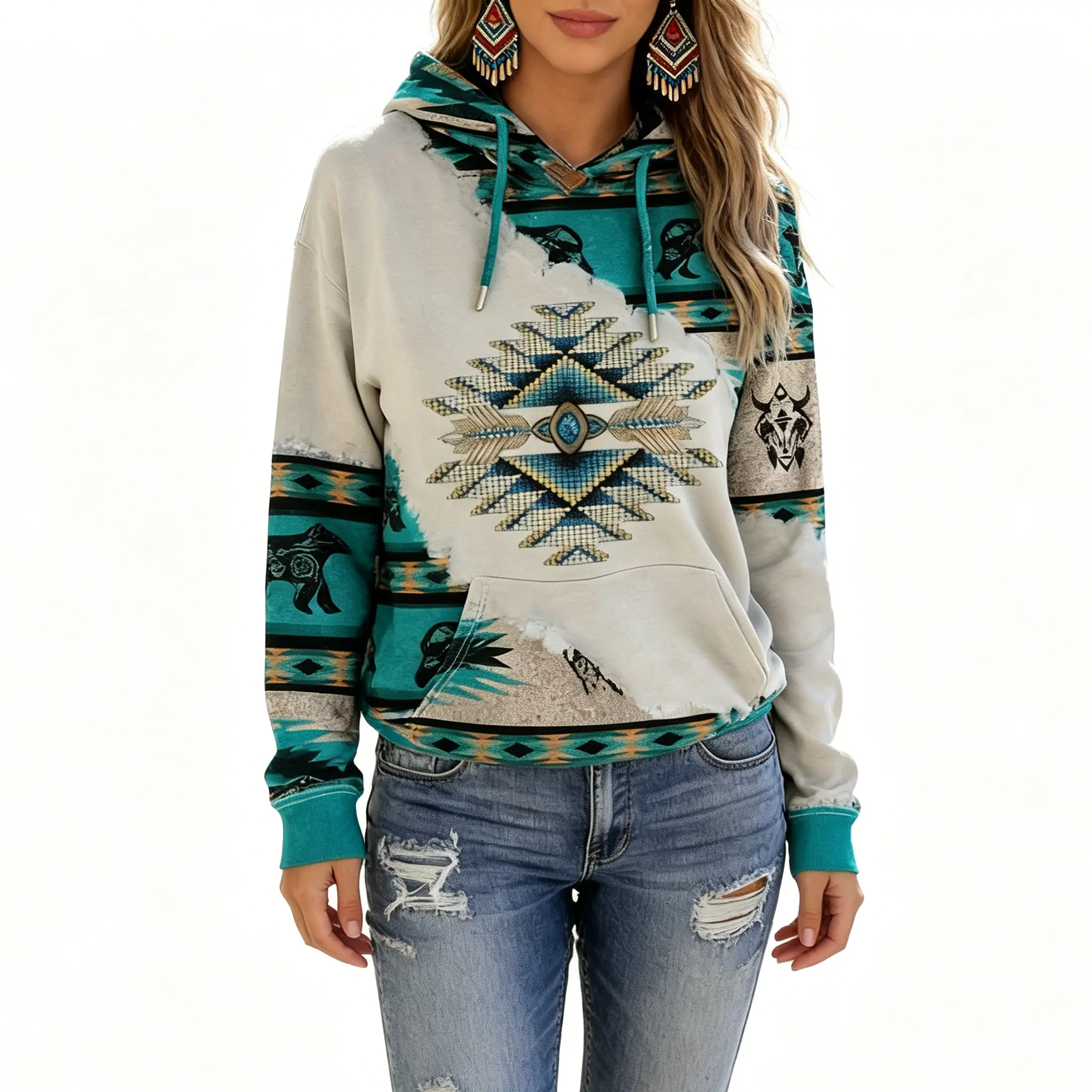Women's Retro Hoodie with Tribal Aztec Print & Skull Motifs, Knit Pullover Sweatshirt, Cozy Loose-Fit with Hooded Neck, Vintage Style for Country Concerts, Baggy, Knitting, Long Sleeves, Loose Fitting, Knit Fabric