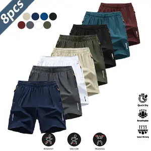 Men's 8-Pack Quick-Dry Breathable Shorts, Casual & Athletic Style, Wrinkle-Resistant Design, Polyester, Solid Color, Reflective Stripes, Suitable for Running, Soccer, Badminton, Basketball, Table Tennis, Weightlifting, Gym Workouts, Men's Shorts Set, Shor