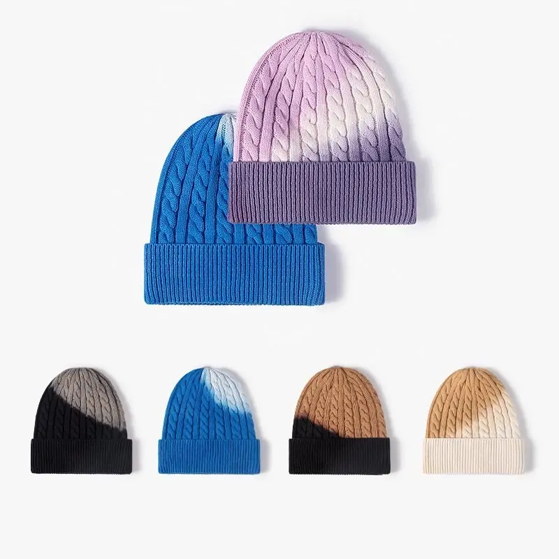 Cozy Fade Knit Beanie Gradient Winter Hat in Various Colors Cable Knit Design for Warm Comfort