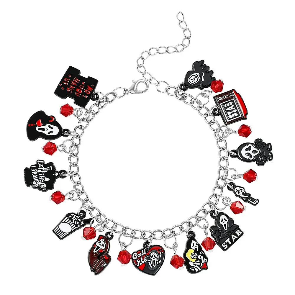 Scream Inspired Ghostface Charm Bracelet, Skull Horror Cartoon Dangle Bracelet, Halloween Gothic Slasher Bracelet for Horror Fans Gift