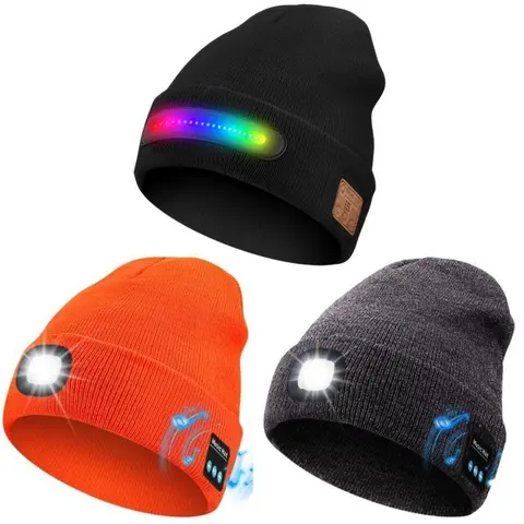 Unisex Acrylic Fisherman Bluetooth Beanie Fitted Hat with Light, Built-in Speaker-Mic, Headphones, USB Port, Removable and Rechargeable Portable Power Bank & Car Charger, Sports Hats for Outdoor Use, Gifts Idea for Boyfriends