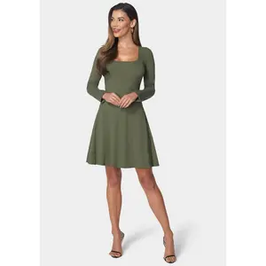 Rib Long Sleeve Godet Dress