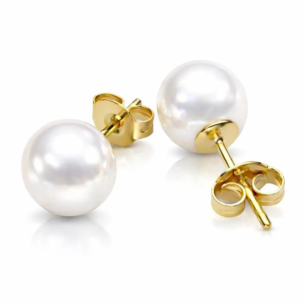 Medium 7mm Freshwater Pearl Stud Earrings | Gold-Plated Sterling Silver | Real Round Pearls | Hypoallergenic Earrings | Everyday Jewelry Simple
