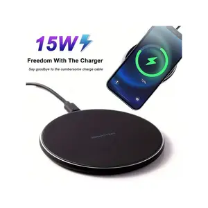 15W Fast Wireless Charging Pad with LED Light - Ultra Thin Round Charger Station for Desk Travel Home Office, Portable Phone Charger Compatible with iPhone, Samsung Android, Black White, Ideal Gift for Christmas, Birthday, Mobile