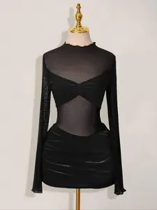 Women's Eyelet Embroidered Mesh Long Sleeve Mini Pleated Dress, Sheer Chic Fashionable Design, Perfect for Casual & Party Wear