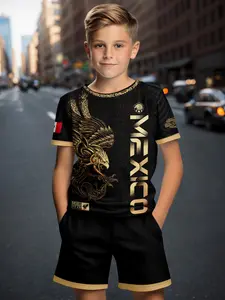 Boys' Mexican Eagle Print 2-Piece Soccer Set, Short Sleeve Jersey + Shorts, Summer Casual Sports for Teens