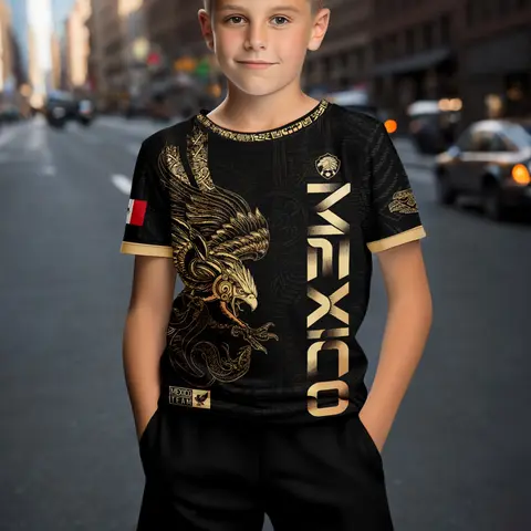 Boys' Mexican Eagle Print 2-Piece Soccer Set, Short Sleeve Mexico Soccer Jersey + Shorts, Summer Casual Sports for Teens, Football Kits