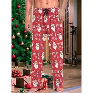 Men's Christmas Pajama Bottoms, Santa Print Sleep Pants, Holiday Party Lounge Wear, Faux Drawstring Waistband, Comfortable Home Clothes