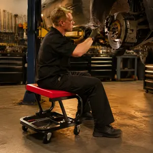 Heavy Duty C-Frame Rolling Mechanic Stool - Garage Workshop Roller Seat with Divided Tool Storage Tray, Padded PU Seat, 4 360° Swivel Casters for Auto Repair, Home Maintenance