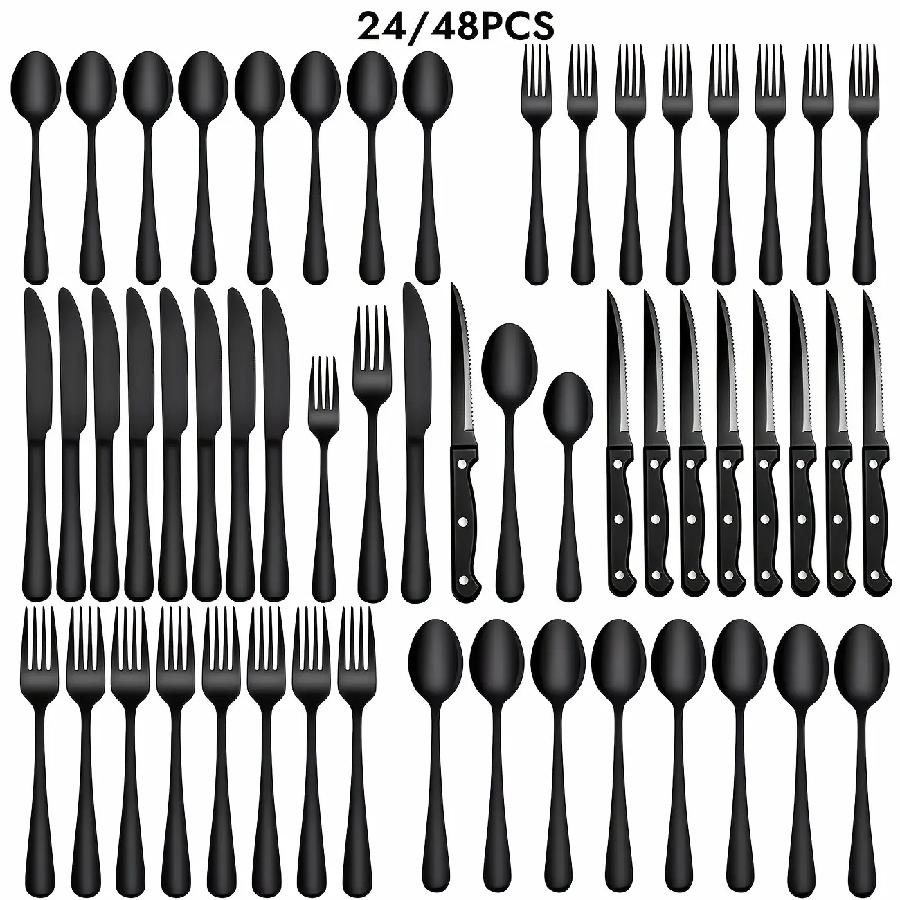 24/48pcs Black Silverware Set With Steak Knives Service For 4/8, Christmas Stainless Steel Flatware Set, Mirror Polished Kitchen Accessories, Home Kitchen Party Eating Tableware Set, Include Fork Knife Spoon Set, Dishwasher Safe (Silver, Black)