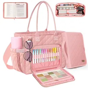 Large Bible Bag with Bible Cover Case for Women, Church Bag with shoulder strap, Quilted Book Cover for Bible Study Supplies, a Christian Gift for Women, Blush Pink