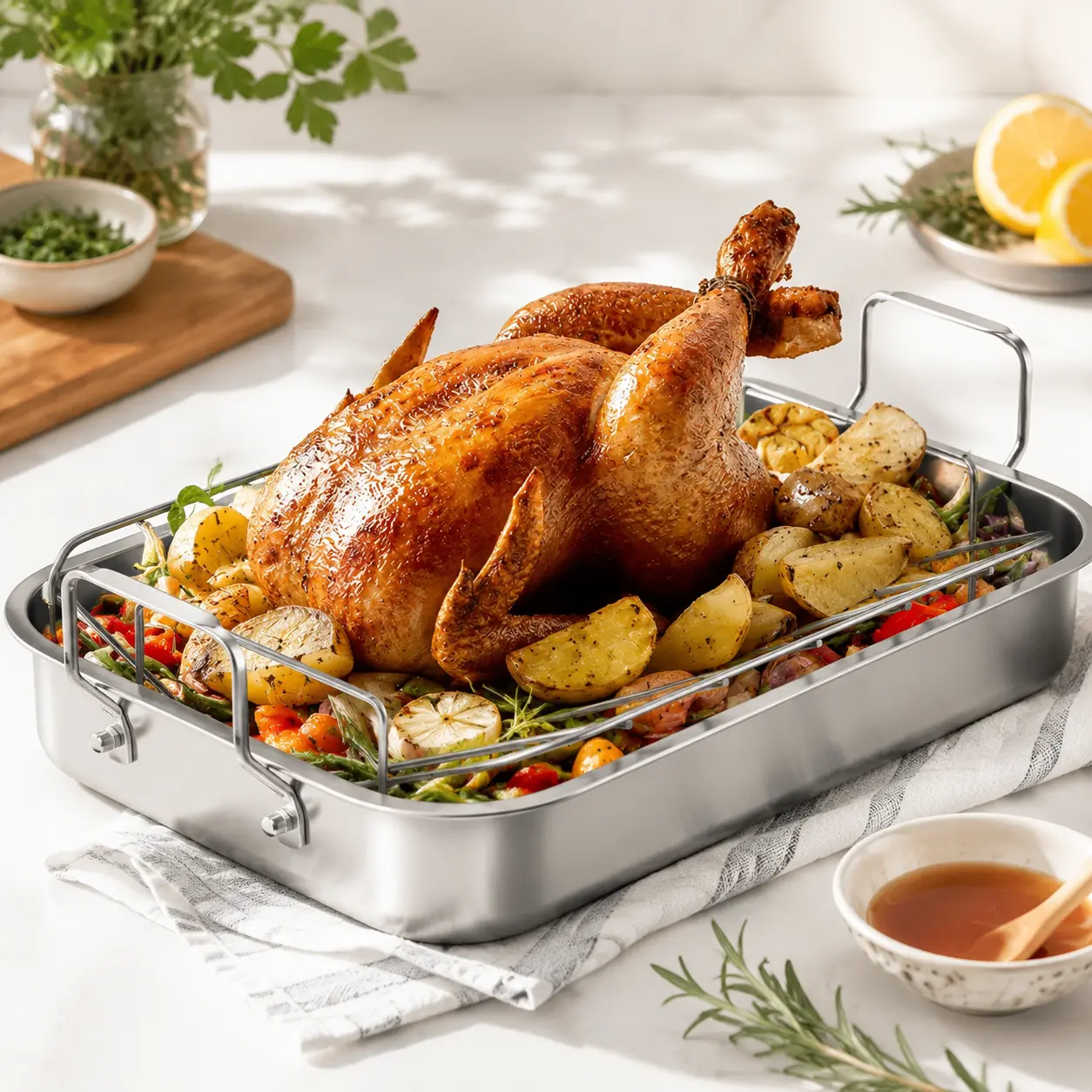 Sunvivi 15.6in Non-Stick Sturdy Roasting Tray with Detachable V-Shaped Rack - Rectangular Kitchenware Baking Supplies with Handle for Oven Cooking, Turkey, Chicken Home Essential