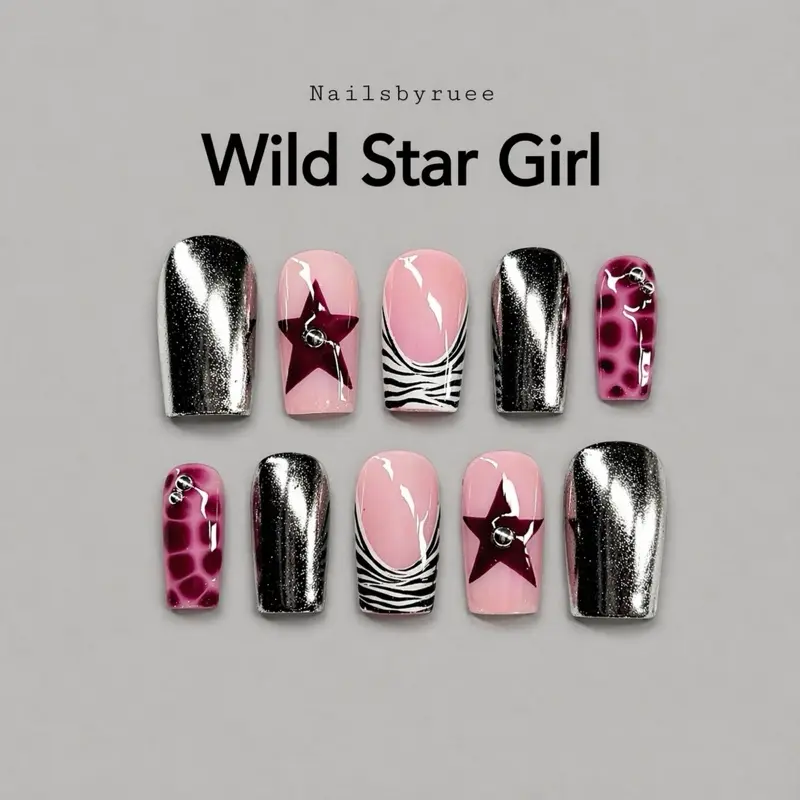 Nailsbyruee | Wild Star Girl Press On Nails - Silver chrome nails with red star and croc design Zebra French 10pcs