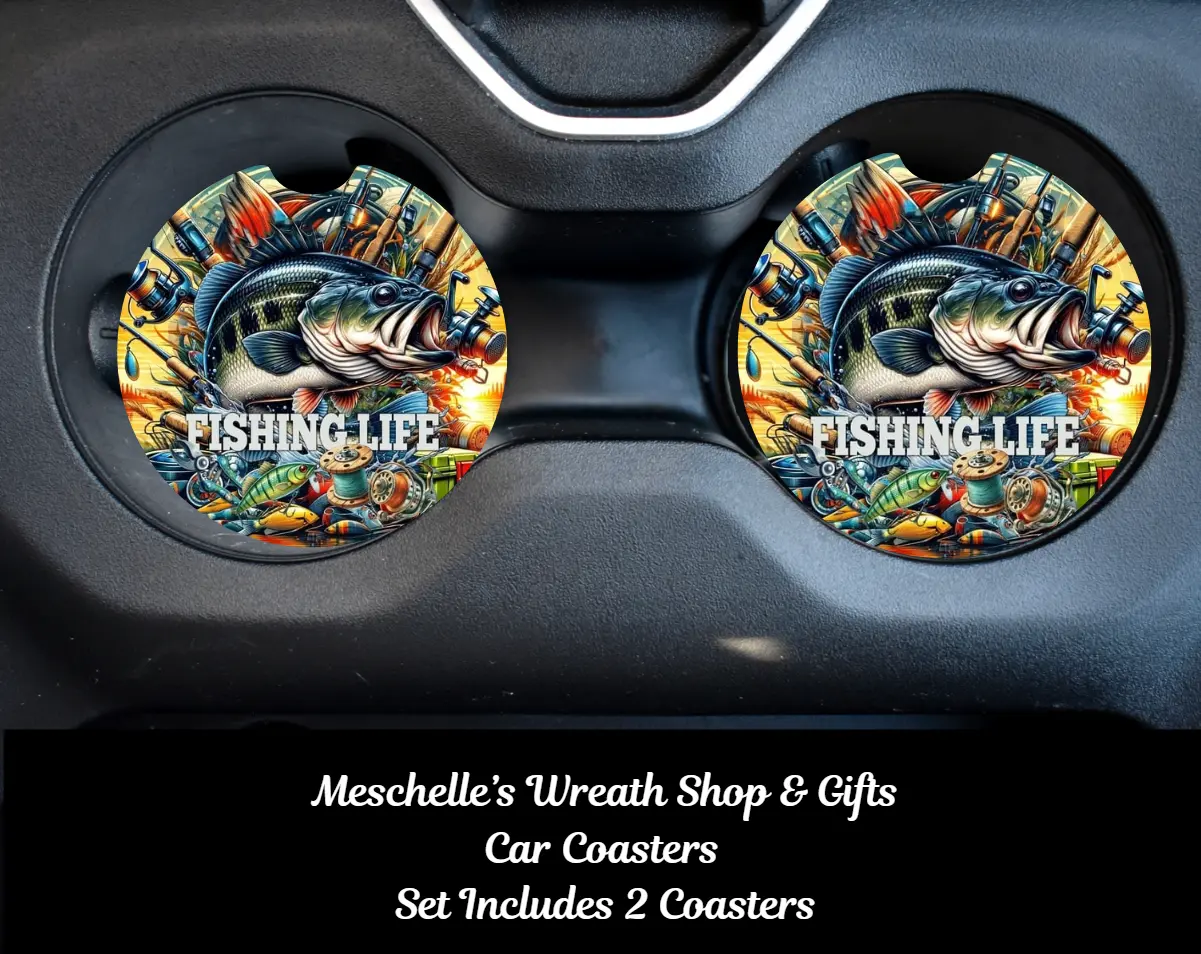 2-Piece Handcrafted Fishing Life Sublimation Neoprene-Ceramic Car Coasters, Elegant Stylish Design Functional Auto Interior Decor, Spill-Proof 2.6x0.24in & 2.75in Cups Protectors, Easy to Clean for Daily Commute Convenience