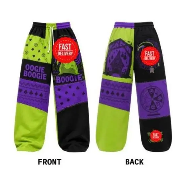 Halloween Green Monster Sweatpants, Retro Purple Green Patchwork Wide Pants, Spooky Graphic Joggers, Unisex Casual Lounge Trousers, Streetwear Gift