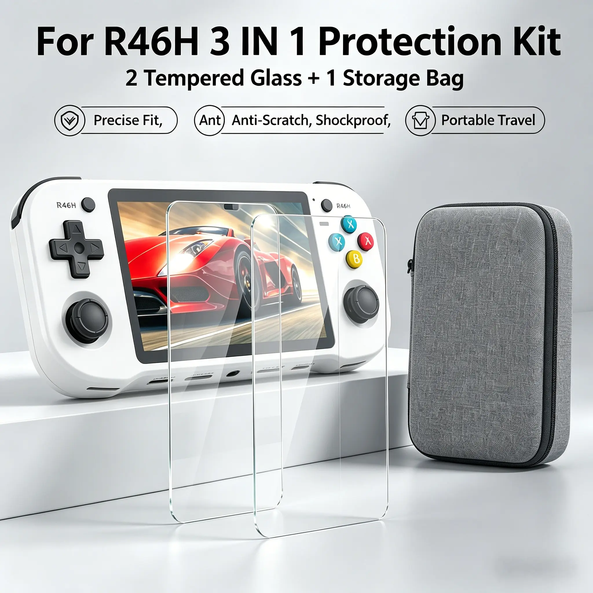R46h Handheld Game Console Three-In-One Protection Set, 2 Screen Protectors + Portable Storage Bag, Tempered Glass Screen Protector