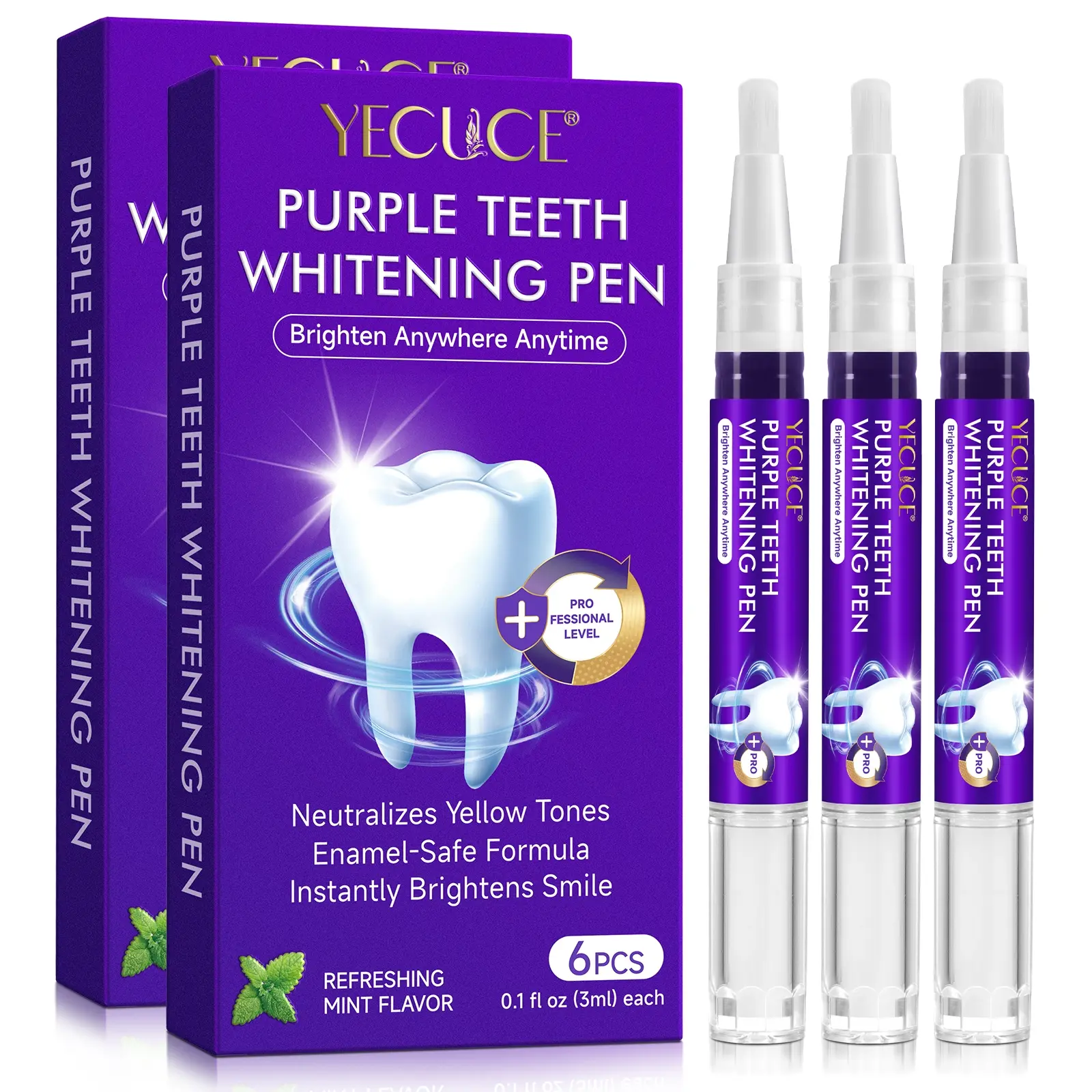 YECUCE Purple Teeth Whitening Pen (6 pcs * 3ml) 2 boxes, tooth color correction pen, gentle formula, for yellow teeth & tooth stains, home dental care kit