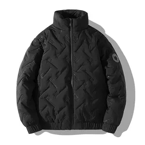 Men's Black Quilted Cotton Jacket - Geometric Pattern, Stand Collar with Full Zipper, Warm and Comfortable, Suitable for Cold Weather and Everyday Casual Wear