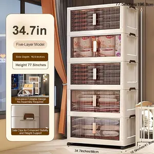 Naviconvex 34.7in XXXL Folding Storage Trunks with Lids 3/4/5-Tier Stackable Plastic Bins on Wheels Collapsible Organizer for Closet Bedroom Kitchen & More Extra-Tall Foldable Storage Solution Cabinet Adjustable