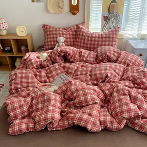 4pc New Year Hot Style Plaid Striped Twin Set, Cloud Cotton Button Design, Dorm Student New Old Money Wind, Soft Skin-Friendly, Bedroom Bedding Set, Soft Bedding Sets