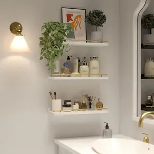 Set of 3 Floating Shelf Units with Golden Metal Railings, Wall Decor Shelves Suitable for Bedrooms, Bathrooms, Kitchens, Living Rooms, Plants, Picture Frames, And Art - Rustic Style.