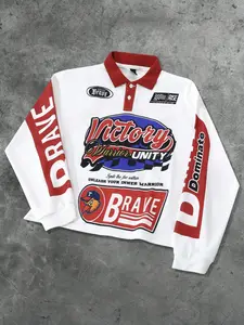Vintage Racing Core Long Sleeve Polo Shirt for Men, Oversized Color Block Rugby Shirt with Graphic Prints, Y2K Streetwear Top with "Brave" Lettering Sleeve for Retro Sporty Look, Athletic Tops, Letter Print Sweatshirt