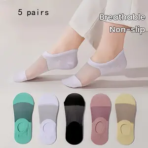 5 Pairs of Ultra-Comfortable Invisible Boat Socks for Women - Breathable, Non-Slip, Sheer Low Cut, Assorted Solid Colors, Soft Polyester Knit Fabric, Perfect for Casual Wear