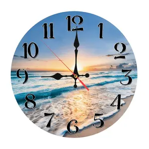 12 Inch Silent Non-Ticking Wooden Wall Clock| Stunning Beach Sunrise & Ocean Wave Print, Battery Not Included, Great Gift for Beach Lovers, Perfect for Bathroom, Bedroom, Sunroom