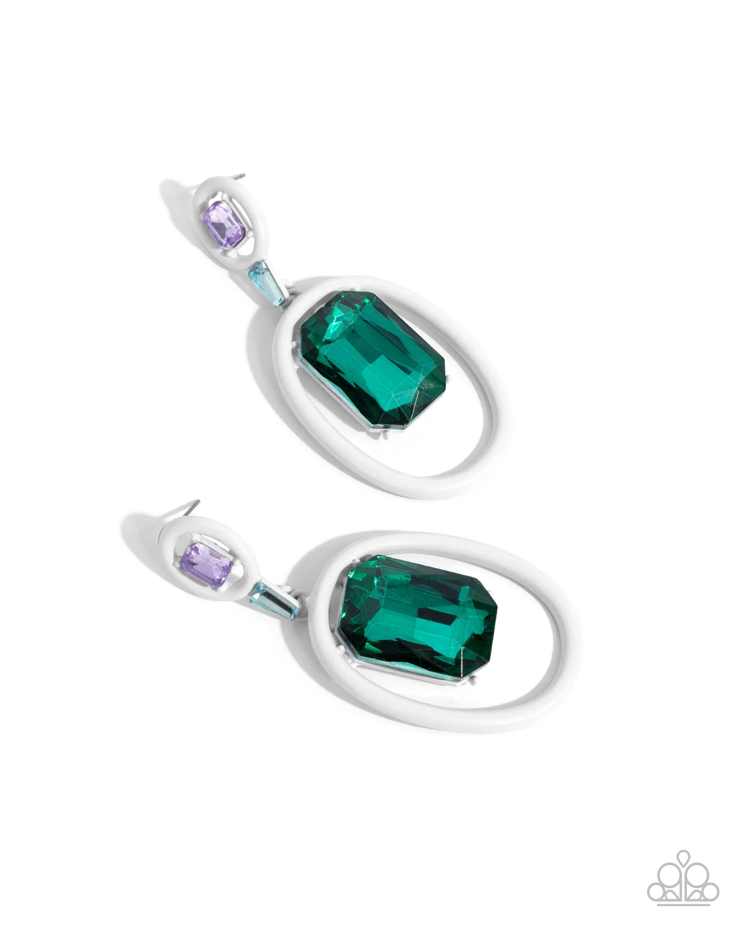Dipped in Dazzle - White Enamel Green Gem Post Earrings - Paparazzi