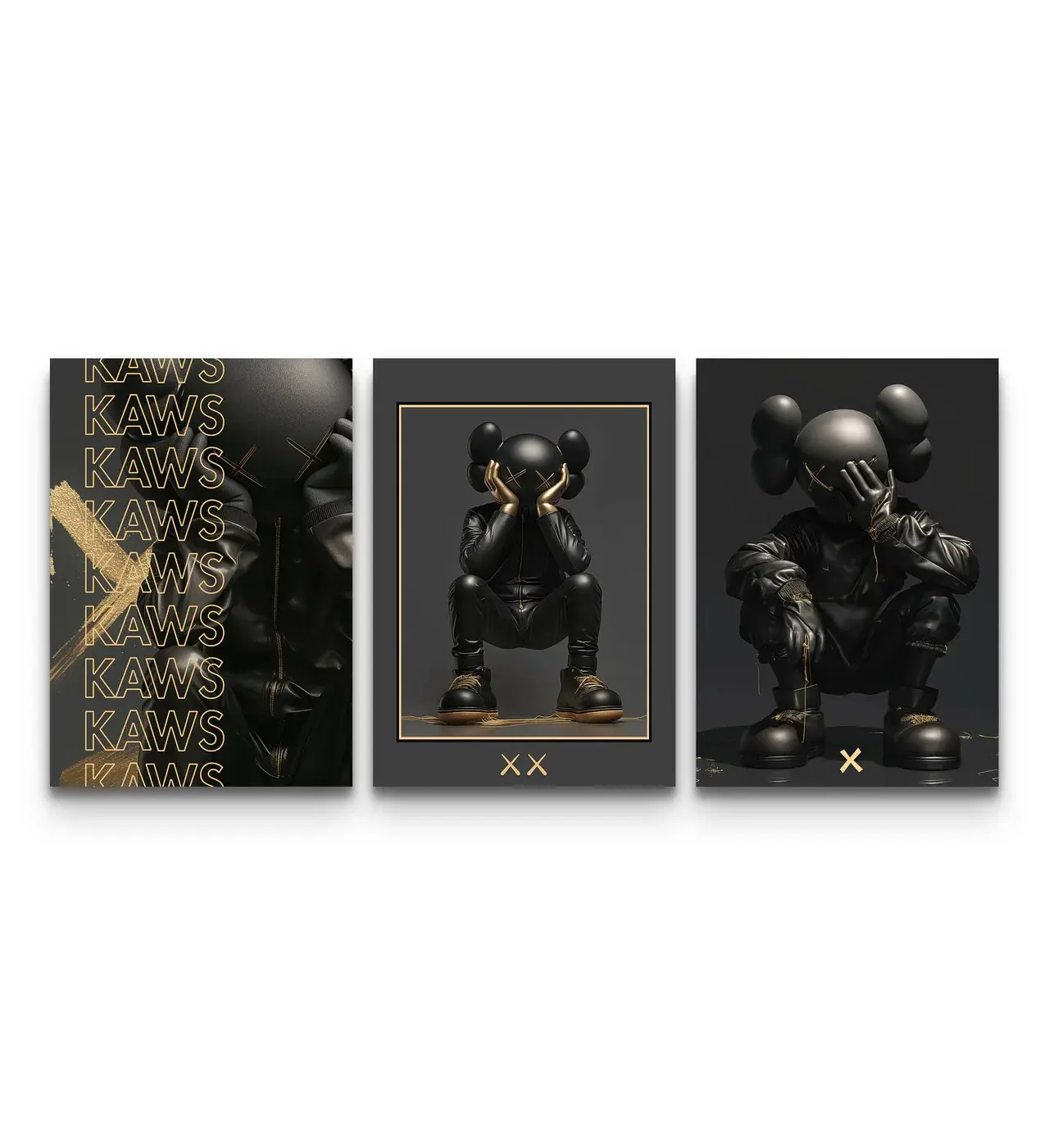 KAWS Noir XX 3-Piece Poster Set, Black and Gold Hypebeast Wall Art, Streetwear Themed Room Decor, Modern Sneakerhead Bedroom Prints