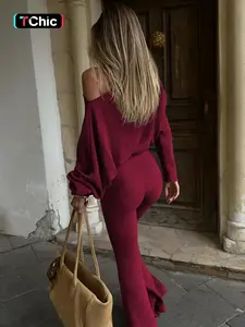 Women's Plain Two Piece Set Solid Skew Neck Strapless Long Sleeve Loose Top Flare Long Pants Party Club Street Daily Outfits