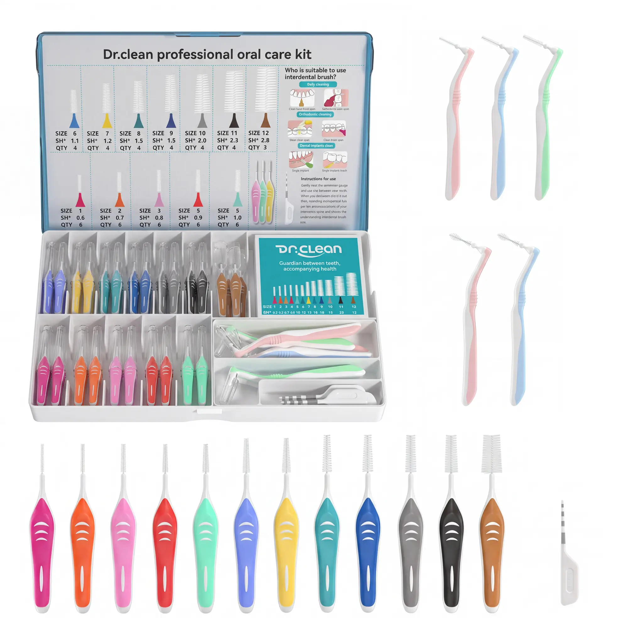 DR.CLEAN Home Orthodontic Oral Care Kit: 12 toothbrushes, 5 L-shaped floss picks, and 1 small interdental brush. Removes plaque, wine stains, and yellow stains. Daily care for sensitive gums. Suitable for both adults and children. Interdental Pack