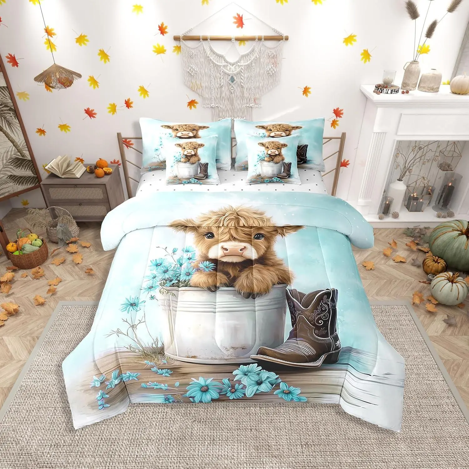 Feelyou 7-Pcs Cartoon Highland Cow Bedding Sheets Set - Rustic Blue White Daisy Floral Print Microfiber Set with Soft Comforter, Cozy Cartoon Pattern Blanket for Kids, Cozy Cartoon Blanket